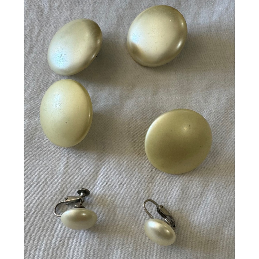 Vintage Faux Pearl Button Earrings Set of 3 Pairs Creamy Off White Clip On's